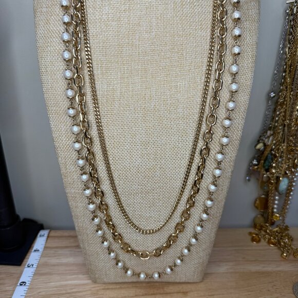 Ann Taylor Long Layered Gold-Tone Necklace With Faux Pearl Accents - Picture 5 of 15